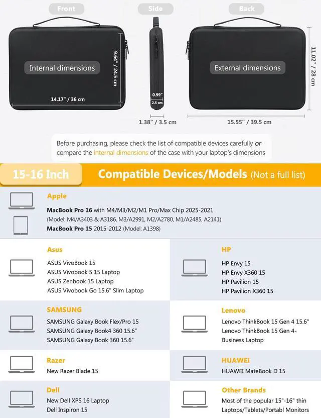 Alt view image 2 of 5 - HYZUO 15-16 Inch Hard Shell Laptop Sleeve Case for MacBook Pro 16 M4/M3/M2/M1 2025-2019, MacBook Air 15 M3/M2/M1 2025-2023, 15" Surface Laptop, Razer Blade 15, Black