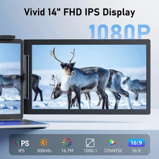 Alt view image 2 of 5 - Pornitor Laptop Screen Extender, 14" FHD 1080P IPS Laptop Monitor Extender with USB C/HDMI Port, Plug and Play Dual Screen Portable Extended Monitor for 14"-16.5" Laptops