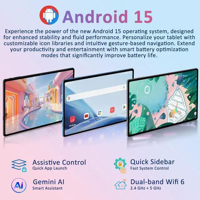 Alt view image 2 of 5 - SUAAT 10 Inch Tablet Android 15 Tablets with Keyboard, 30GB 64GB 1TB Expand Tab PC with 2.0GHz Octa-Core, 8MP Camera, 6000mAh, GMS, WiFi 6, BT 5.0, FHD Display, Widevine L1, Gemini AI (Blue)