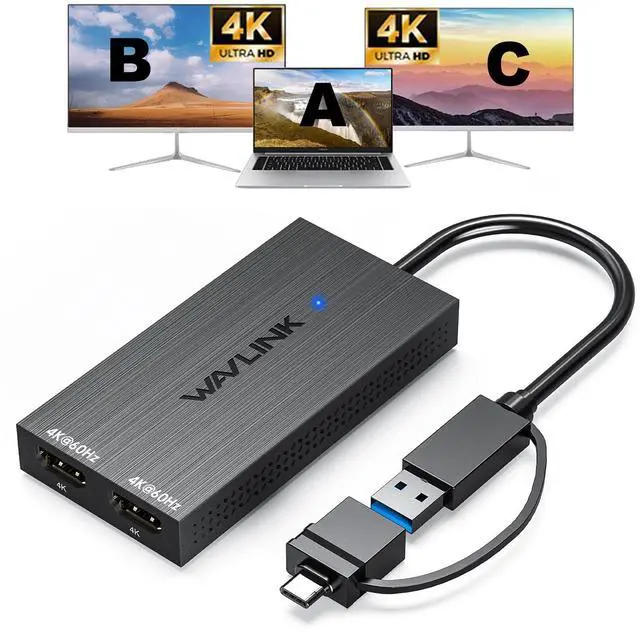 Main image of WAVLINK USB 3.0 & USB C to Dual HDMI Adapter 4K@60Hz for 2 Monitors, DisplayLink USB C HDMI Adapter for Dual Monitor, for Mac M1/M2/M3, Windows, ChromeOS, Ubuntu, Android