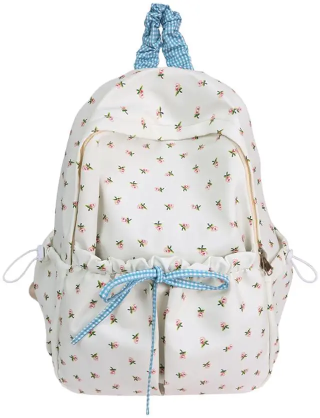 Main image of Cute Aesthetic Bow Backpack for Women Kawaii Floral Print Preppy College Book Bag Trendy Coquette Laptop Daypack (White)
