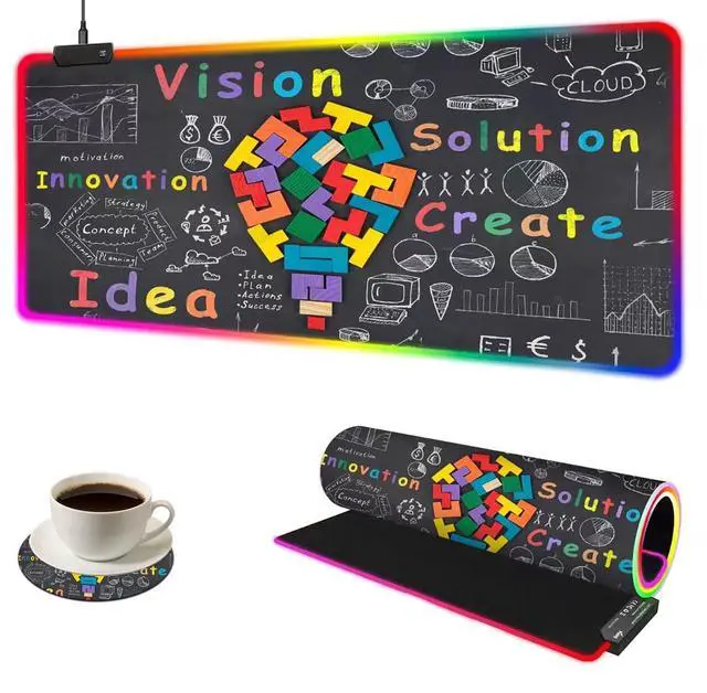 Main image of YQE RGB Gaming Mouse Pad, 35.4"x15.7" Desk Mat for Keyboard and Mouse, LED Game Mousepad with 14 Colors Modes, Non-Slip Desk Pad Matt Protector+Coasters-for Home, Office, Desktop Creative Bulb