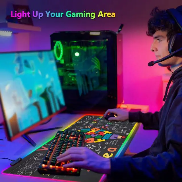 Alt view image 2 of 5 - YQE RGB Gaming Mouse Pad, 35.4"x15.7" Desk Mat for Keyboard and Mouse, LED Game Mousepad with 14 Colors Modes, Non-Slip Desk Pad Matt Protector+Coasters-for Home, Office, Desktop Creative Bulb