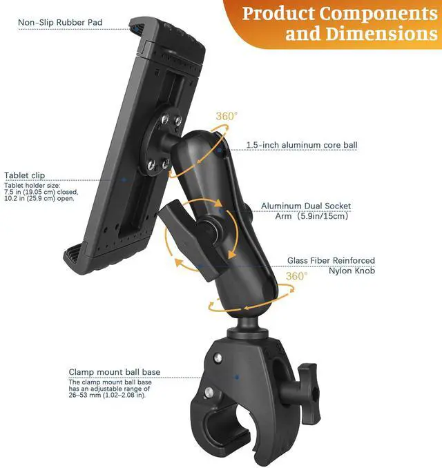 Alt view image 2 of 5 - Velpaw Aluminum iPad Tablet Mount Holder, Kitchen Tablet Holder for UTV/Desk/Chair/Fitness Bike/Mic Stand/Fitness Bike/Road Mountain Bicycle, 360° Adjustable Clamp Compatible with 7.5''-13'' iPad