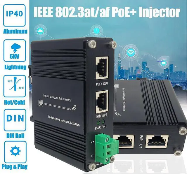 Alt view image 3 of 5 - 30W PoE Injector, Industrial Hardened Gigabit PoE+ Injector, DC 12-48V Input Ethernet PoE Adapter, IEEE 802.3at/af Compliant, 10/100/1000Mbps RJ-45, DIN Rail + Wall Mount