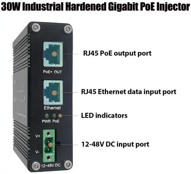 Alt view image 2 of 5 - 30W PoE Injector, Industrial Hardened Gigabit PoE+ Injector, DC 12-48V Input Ethernet PoE Adapter, IEEE 802.3at/af Compliant, 10/100/1000Mbps RJ-45, DIN Rail + Wall Mount
