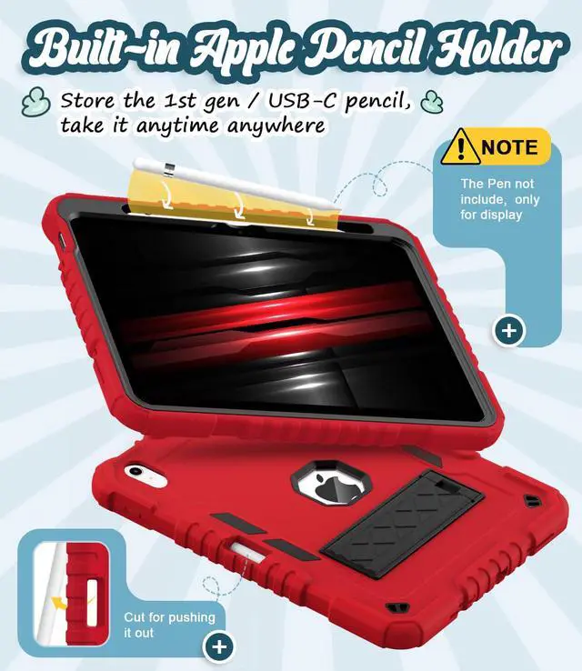 Alt view image 5 of 5 - ZoneFoker for iPad (A16) Case 11th Generation 11 inch 2025 / iPad 10th Gen 10.9 inch 2022, Heavy Duty Durable i Pad 11/10 Gen Cover with Pencil Holder/Stand for Kids Girls (Red+Black)