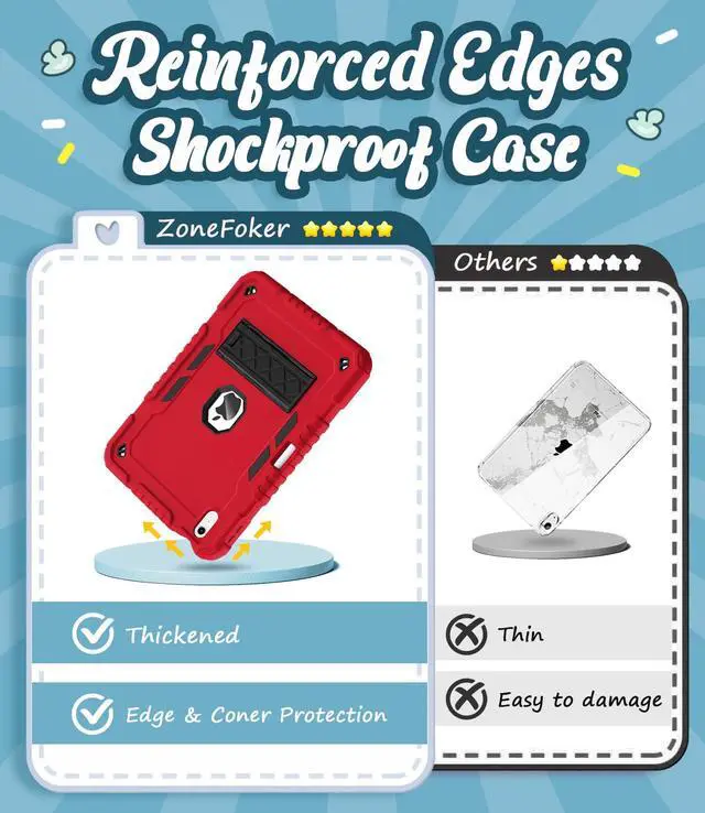 Alt view image 4 of 5 - ZoneFoker for iPad (A16) Case 11th Generation 11 inch 2025 / iPad 10th Gen 10.9 inch 2022, Heavy Duty Durable i Pad 11/10 Gen Cover with Pencil Holder/Stand for Kids Girls (Red+Black)