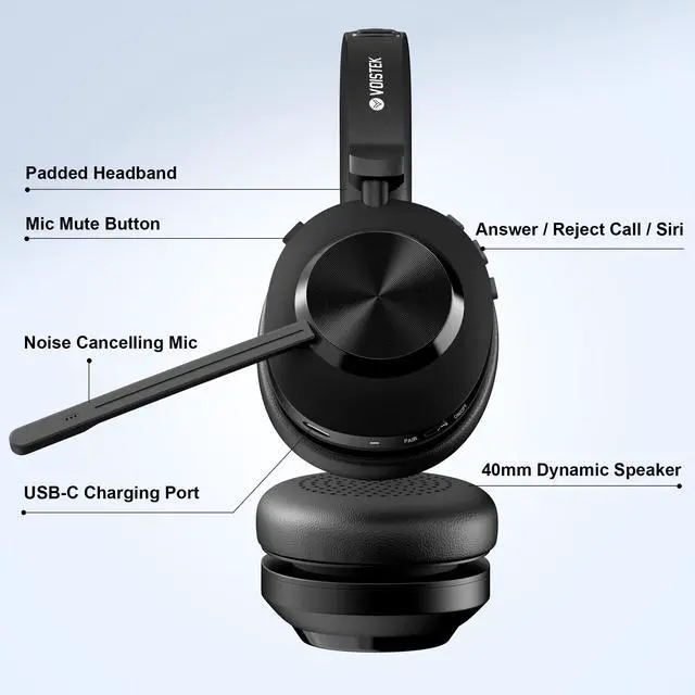 Alt view image 4 of 5 - Voistek Wireless Headset, Bluetooth Headset with Noise Cancelling Microphone for PC,On-Ear Headphones with USB Dongle & Mute Button for Office Work, Video Meeting,Cell Phones, Computer