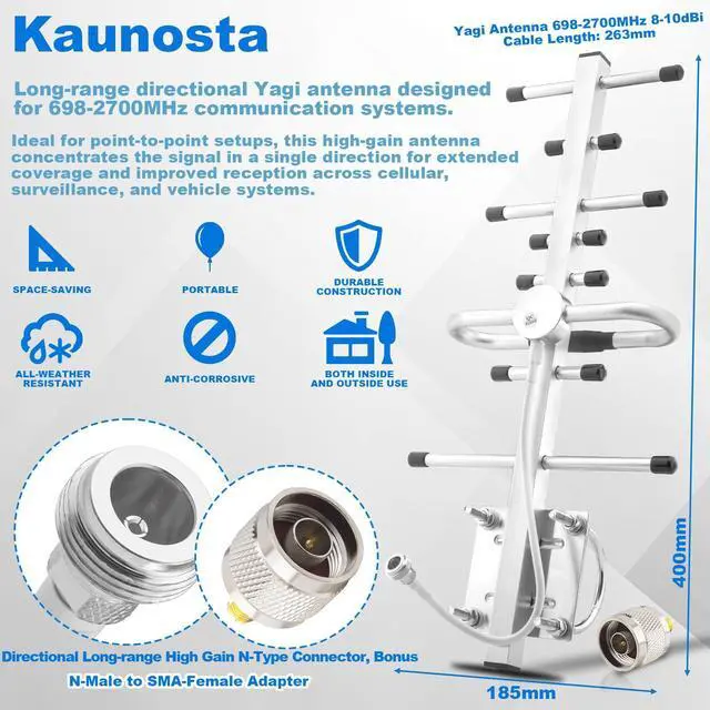 Alt view image 2 of 5 - Kaunosta Directional Yagi Antenna for Cell Phone Signal Booster/Cellular Repeater with SMA Female N Connector 10dBi 4G LTE Broadband 698-2700 Mhz Universal Outdoor Antenna with 5ft RG58 Cable