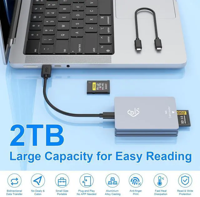 Alt view image 5 of 5 - CFexpress Type A and SD Dual-Slot Card Reader, USB 3.1 Gen 2 10Gbps CFexpress Reader, Portable CF Express Card Reader Included USB C to USB A/C Cable, Compatible with Windows/Mac/Linux/Android