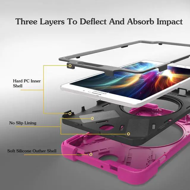 Alt view image 3 of 5 - Juaupepo Rugged Case for Samsung Galaxy Tab S2 8.0 inch-2015-(SM-T710 T715 T713),Portable Hybrid Shock-Proof Cover with 360° Rotatable Hook&Loop Handle,Shoulder Strap (Rose)