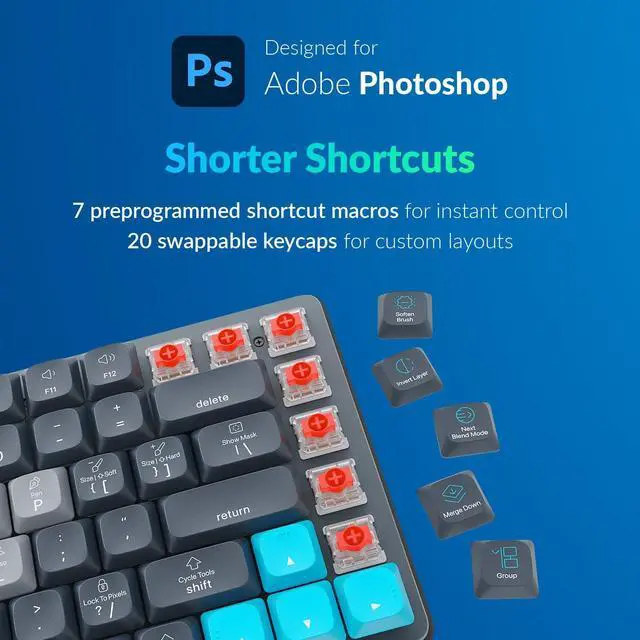 Alt view image 2 of 5 - JCPAL Adobe Photoshop Keyboard  Dash Wireless Shortcut Keyboard for Mac and PC  Shortcut Hotkeys, Color-Coded Key Guide, Fully Customizable, Compact Low-Profile Design