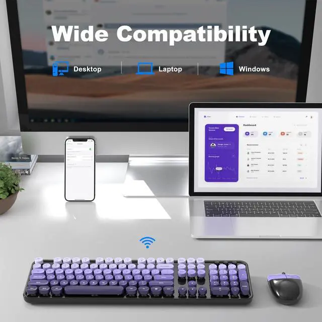 Alt view image 3 of 5 - Wireless Keyboard and Mouse Combo, MOWUX Colorful Computer Full Size 2.4G Plug and Play Wireless Typewriter Keyboard and Mouse Set for Computer, Desktop, PC (Black& Purple Gradient)