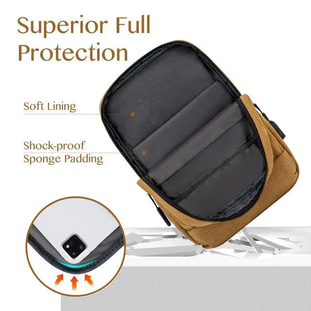 Alt view image 3 of 5 - For 9-11 Inch iPag Bag Tablet Bag with USB Charing Port and Adjustable Shoulder Strap Tablet Carrying Sleeve Fit for 11 Inch iPad Air, iPad Pro, iPad Mini (Canvas, Brown)