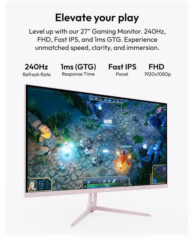 Alt view image 2 of 5 - Pixio PX279 Wave Pink 27 inch 240Hz Refresh Rate FHD 1080p Resolution Fast IPS Panel 1ms GTG Resonse Time Gaming Monitor with Adaptive Sync