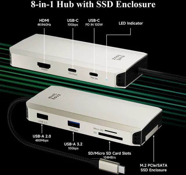 Alt view image 2 of 5 - Minthouz USB C Docking Station,8-in-1 USB-C Hub with M.2 NVMe SATA SSD Enclosure,10Gbps Data Transfer, 4K@60Hz HDMI,87W PD,SD/TF Card Reader,USB 3.2 Hub for MacBook Pro/Air, Dell, HP Laptops