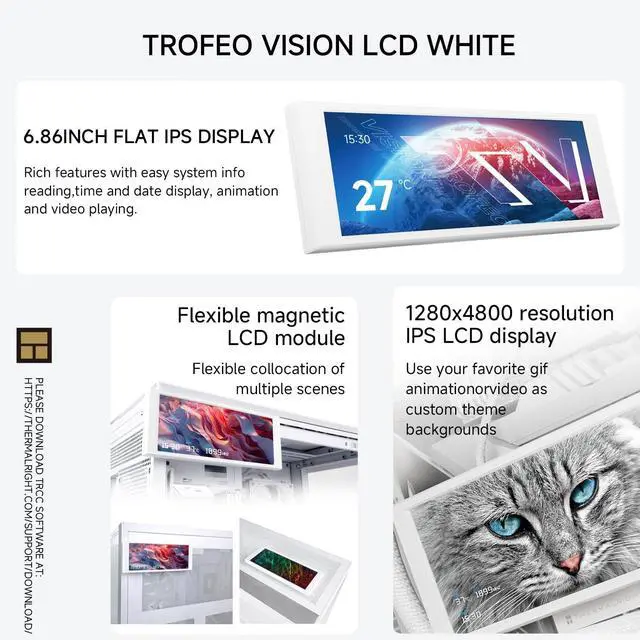 Alt view image 2 of 5 - Thermalright Trofeo Vision LCD White Edition Case Sub-Display Features a 6.86-inch Full-Color LCD Screen (1280x480 Resolution) with Magnetic Panel Design. Supports DIY Dynamic/Static Images (White).