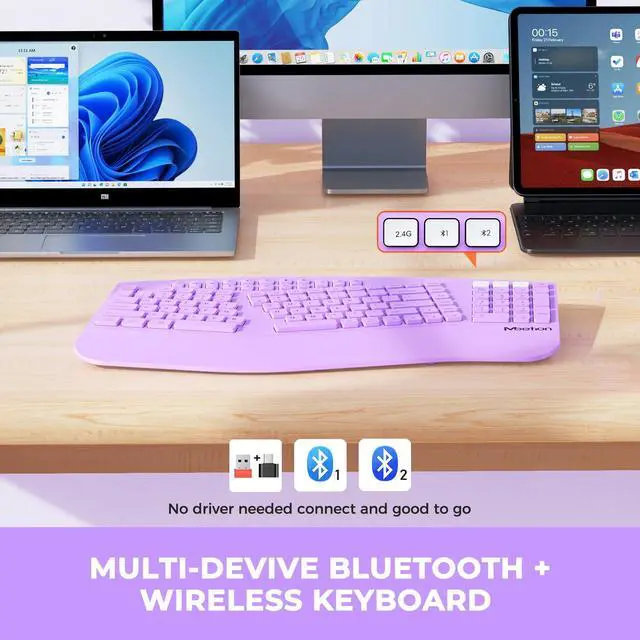 Alt view image 2 of 5 - MEETION Ergonomic Keyboard Wireless, Multi-Device Bluetooth Keyboard, Full-Sized Rechargeable Split Computer Keyboards, Wrist Rest for Natural Typing, for Windows/Mac/Laptop/Table/PC, Purple