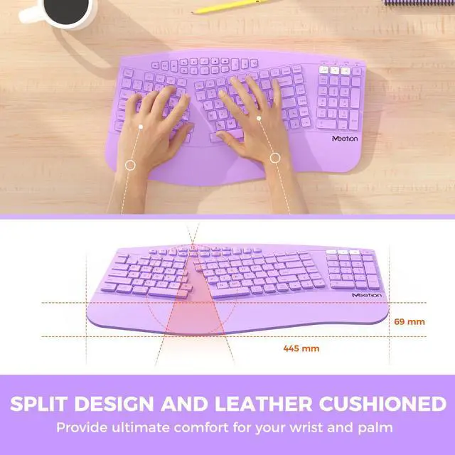 Alt view image 3 of 5 - MEETION Ergonomic Keyboard Wireless, Multi-Device Bluetooth Keyboard, Full-Sized Rechargeable Split Computer Keyboards, Wrist Rest for Natural Typing, for Windows/Mac/Laptop/Table/PC, Purple