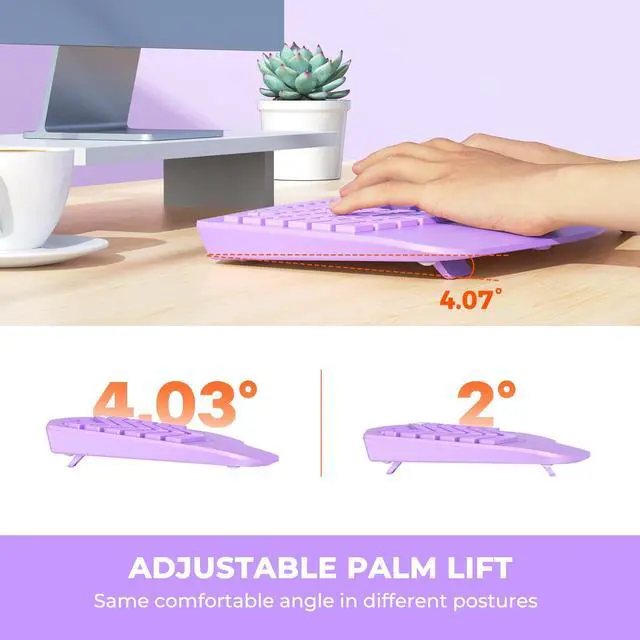 Alt view image 5 of 5 - MEETION Ergonomic Keyboard Wireless, Multi-Device Bluetooth Keyboard, Full-Sized Rechargeable Split Computer Keyboards, Wrist Rest for Natural Typing, for Windows/Mac/Laptop/Table/PC, Purple