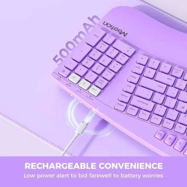 Alt view image 4 of 5 - MEETION Ergonomic Keyboard Wireless, Multi-Device Bluetooth Keyboard, Full-Sized Rechargeable Split Computer Keyboards, Wrist Rest for Natural Typing, for Windows/Mac/Laptop/Table/PC, Purple