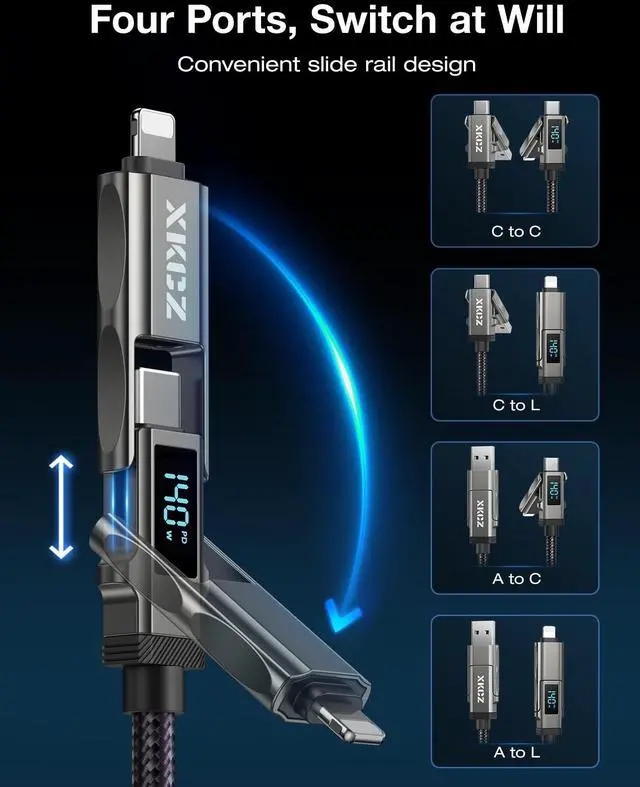 Alt view image 2 of 5 - 4 in 1 USB C Cable with Wattage Display, 140W Round Nylon Braided Multi Charging Cable with Data Sync, USB C Charging Cord Combo Type C/USB A/iPhone Port for iPhone/iPad/Samsung/Laptop, 3FT