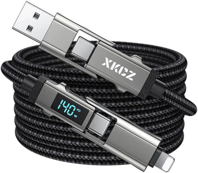 Main image of 4 in 1 USB C Cable with Wattage Display, 140W Round Nylon Braided Multi Charging Cable with Data Sync, USB C Charging Cord Combo Type C/USB A/iPhone Port for iPhone/iPad/Samsung/Laptop, 3FT