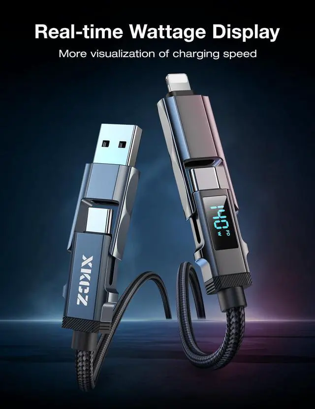 Alt view image 3 of 5 - 4 in 1 USB C Cable with Wattage Display, 140W Round Nylon Braided Multi Charging Cable with Data Sync, USB C Charging Cord Combo Type C/USB A/iPhone Port for iPhone/iPad/Samsung/Laptop, 3FT