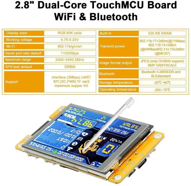 Alt view image 2 of 5 - 2-Pack Dual-Core Microcontroller Development Board with 2.8" TFT Touch Screen (240x320) | WiFi + Bluetooth Wireless Module, USB-C Interface, Compatible with Open-Source Ides for IoT Projects