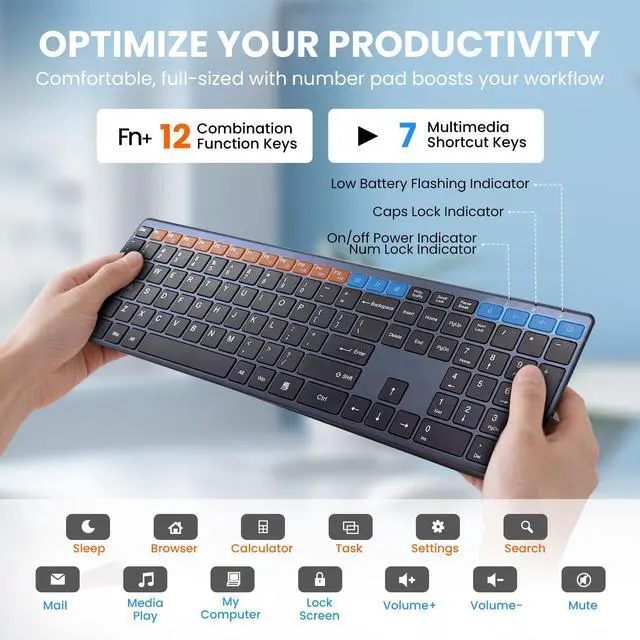 Alt view image 4 of 5 - Wireless Keyboard-2.4G Ultra Slim Quiet Full Size USB PC Computer Keyboard,19 Multimedia Keys,Number Pad,Plug&Play,Lag-Free Ergo,Long Battery life for Desktop,Laptop,Smart TV,MAC,Windows,QWERTY