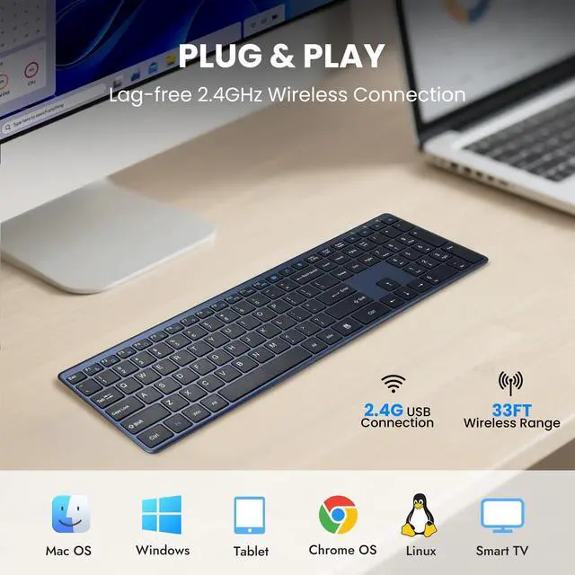 Alt view image 5 of 5 - Wireless Keyboard-2.4G Ultra Slim Quiet Full Size USB PC Computer Keyboard,19 Multimedia Keys,Number Pad,Plug&Play,Lag-Free Ergo,Long Battery life for Desktop,Laptop,Smart TV,MAC,Windows,QWERTY