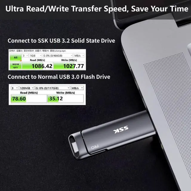 Alt view image 3 of 5 - SSK 512GB SSD USB C Stick up to 1000MB/s,Fast Thumb Drive,Dual Drive Type-C + USB A 3.2 Gen 2 External Solid State Drives,USB Memory Stick for iPhone 15/PS4/Android Phone/Tablet/Windows/Mac