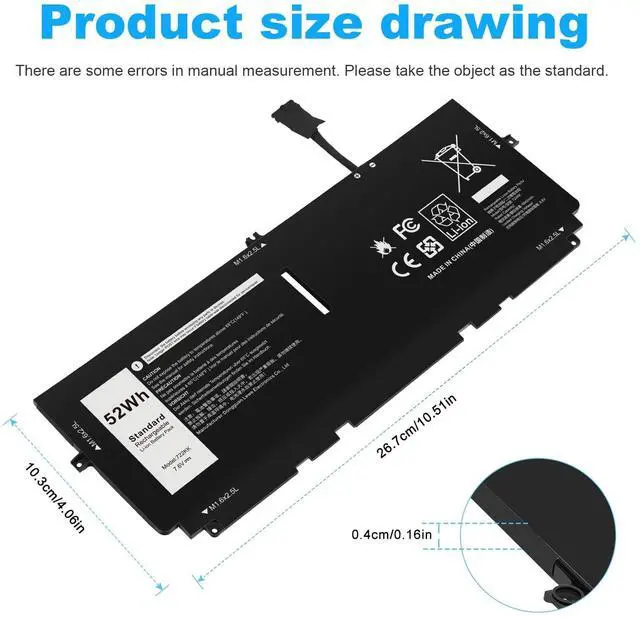 Alt view image 2 of 5 - ASUNCELL 52Wh 722KK Laptop Battery Replacement for Dell XPS 13 9300 XPS 13 9310 XPS 13 9380 P117G P117G002 P117G001 Series Notebook 0WN0N0 WN0N0 02XXFW 2XXFW FP86V 7.6V 6800mAh