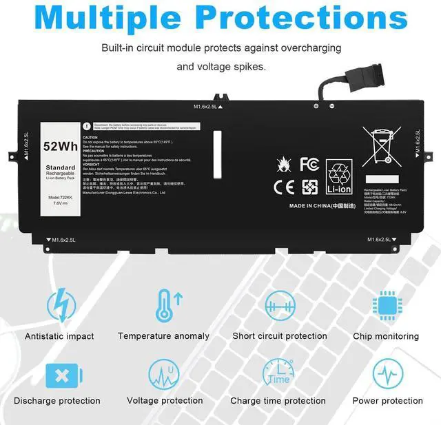 Alt view image 5 of 5 - ASUNCELL 52Wh 722KK Laptop Battery Replacement for Dell XPS 13 9300 XPS 13 9310 XPS 13 9380 P117G P117G002 P117G001 Series Notebook 0WN0N0 WN0N0 02XXFW 2XXFW FP86V 7.6V 6800mAh