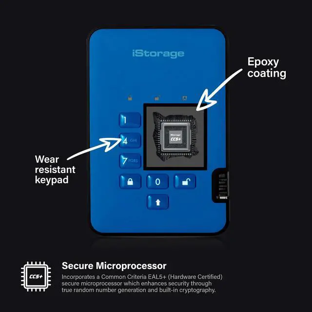 Alt view image 4 of 5 - iStorage diskAshur2 HDD 1TB Blue | Secure portable hard drive | Password protected | Dust & water resistant | Hardware Encryption