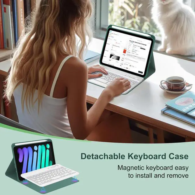Alt view image 2 of 5 - Keyboard Case for iPad Mini 7th (A17 Pro, 2024) & 6th (2021) 8.3-inch, Rechargeable, Detachable Bluetooth Keyboard, Slim Folio Protective Cover with Pencil Holder for iPad Mini 7th/6th Generation