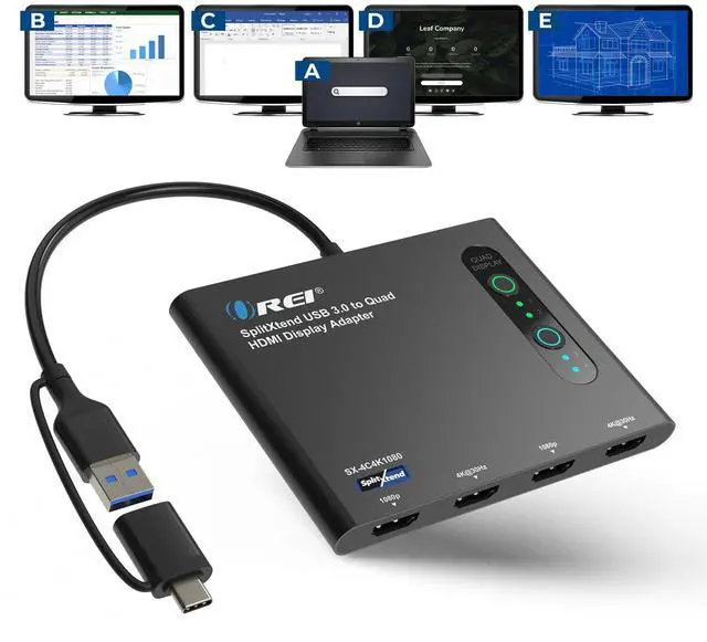Main image of OREI SplitExtend HDMI Splitter Extended Display for Quad Monitor - Multi-Monitor Display 5 Separate Screens - USB-C Adapter to HDMI 2.0, 4K@30Hz Outputs - Windows and Mac Compatible