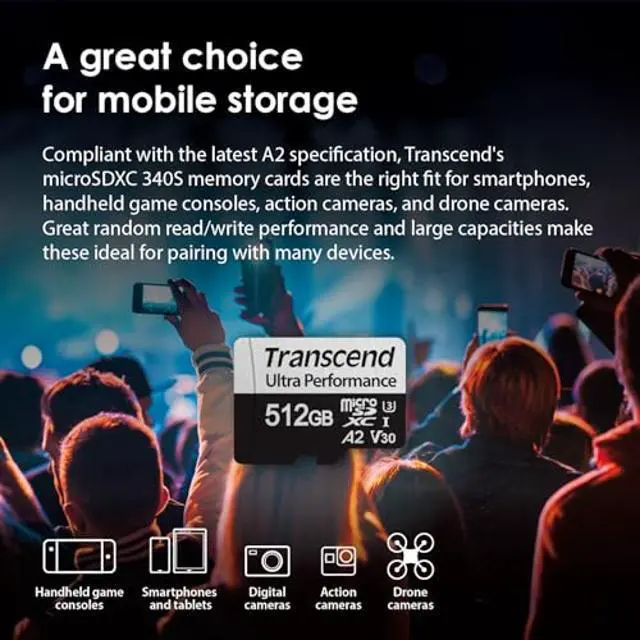 Alt view image 4 of 5 - Transcend 512GB A2 V30 Micro SD Card, Up to 160MB/s, for Nintendo Switch, GoPro,Insta360,DJI, Drone/Action Camera/Steam Deck/ROG Ally/MSI Claw UHS-I U3 C10 4K UHD Video microSDXC Memory Card w/Adapter