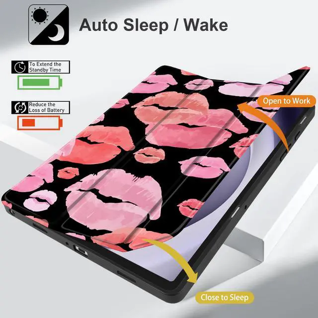 Alt view image 3 of 5 - MEEgoodo Case for Samsung Galaxy Tab A9 Plus 11 inch Cover 2024 2023 with S Pen Holder, A9+ Smart Tablet Cases with Leather Trifold Stand+Soft TPU Back Shell+Smart Auto Wake/Sleep, Red & Pink Lips