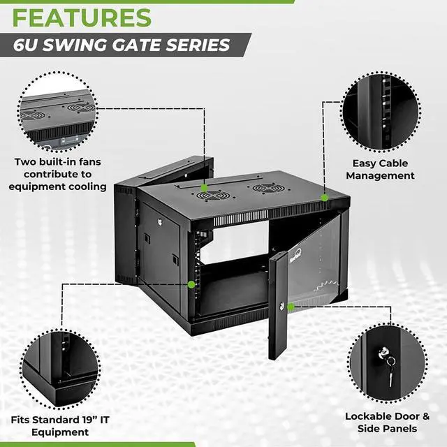 Alt view image 2 of 5 - NavePoint 6U Server Cabinet with Hinged Back - 25.5' Deep, 6U Server Rack Enclosure with Locking Glass Door, Wall Mount Rack with Removable Side Panels, Network Cabinet with 2 Fans, Pre-Assembled