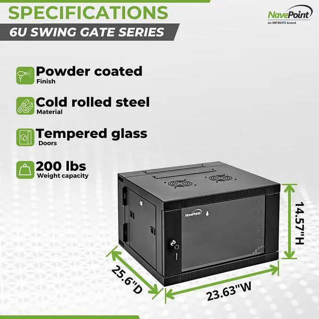 Alt view image 4 of 5 - NavePoint 6U Server Cabinet with Hinged Back - 25.5' Deep, 6U Server Rack Enclosure with Locking Glass Door, Wall Mount Rack with Removable Side Panels, Network Cabinet with 2 Fans, Pre-Assembled