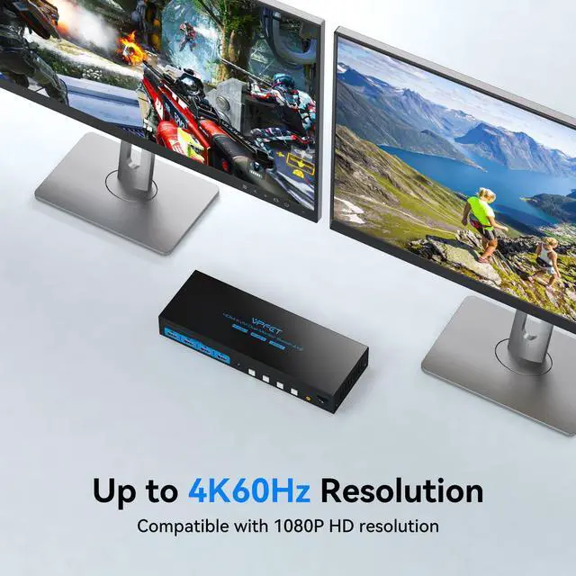 Alt view image 5 of 5 - HDMI KVM Switch 4 Computers 2 Monitors 4K@60Hz EDID Emulation 4 Port KVM Switch for 4 PC Share Dual Monitor and 4 USB 3.0 Devices Support Copy and Extend Mode with Controller, Plug and Play