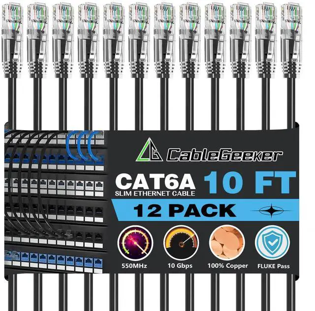 Main image of CableGeeker Patch Cables Cat6a 10ft (12 Pack) Slim, Cat6 Ethernet Patch Cable 10G Support, Snagless RJ45 Cat 6 Patch Cable for Patch Panel to Switch, Flexiable Network Cable - 10 Feet Black