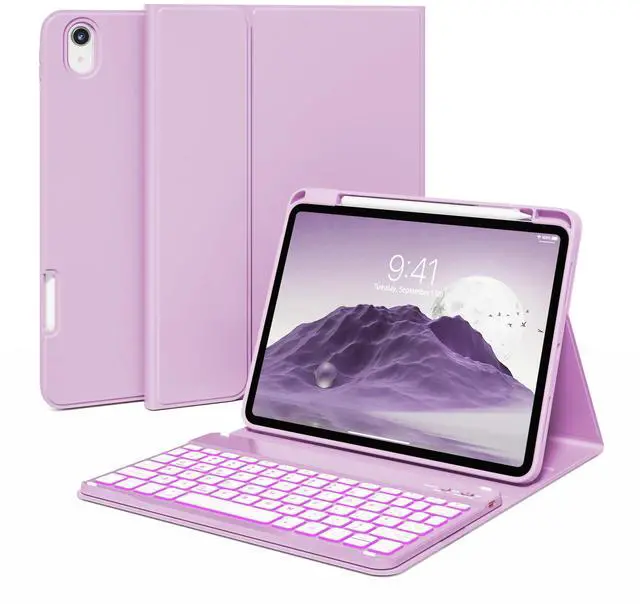 Main image of kenke Case for iPad (A16) 11-inch 2025 / 10th Generation 10.9-inch 2022 with Keyboard, Stand Folio Cover with Pencil Holder, 7 Color Backlit Detachable Wireless Keyboard, Purple
