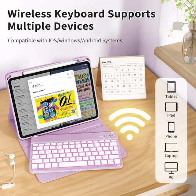 Alt view image 4 of 5 - kenke Case for iPad (A16) 11-inch 2025 / 10th Generation 10.9-inch 2022 with Keyboard, Stand Folio Cover with Pencil Holder, 7 Color Backlit Detachable Wireless Keyboard, Purple