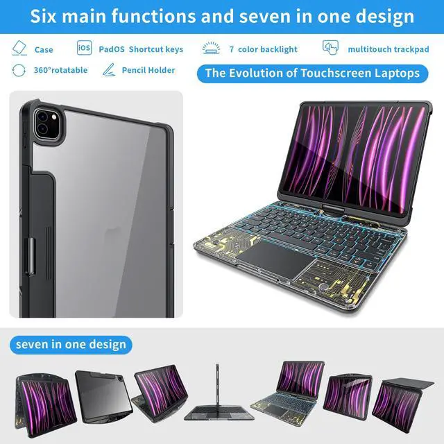 Alt view image 3 of 5 - molosicars Case with Keyboard for iPad Air 6/7 11-inch (M2 2024/M3 2025)/Air 5/4 10.9-inch (2022/2020), Case with Pencil Holder, 7-Color Backlit Wireless Keyboard, 360° Rotating Transparent Black