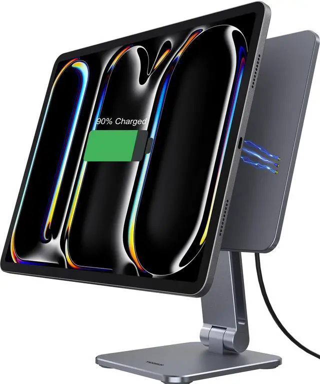 Main image of YICOSUN Magnetic iPad Stand with Wireless Charging, 35W Contact Fast Charger, Suction Cup Base, 360° Rotating Panel & Foldable, Compatible with iPad Pro 13" M4 ONLY, Work & Study Desk - Gray