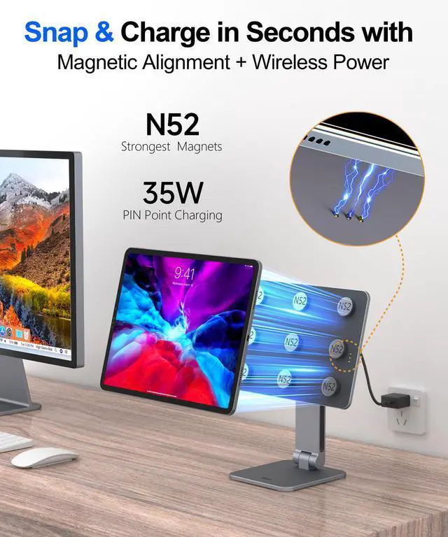 Alt view image 4 of 5 - YICOSUN Magnetic iPad Stand with Wireless Charging, 35W Contact Fast Charger, Suction Cup Base, 360° Rotating Panel & Foldable, Compatible with iPad Pro 13" M4 ONLY, Work & Study Desk - Gray