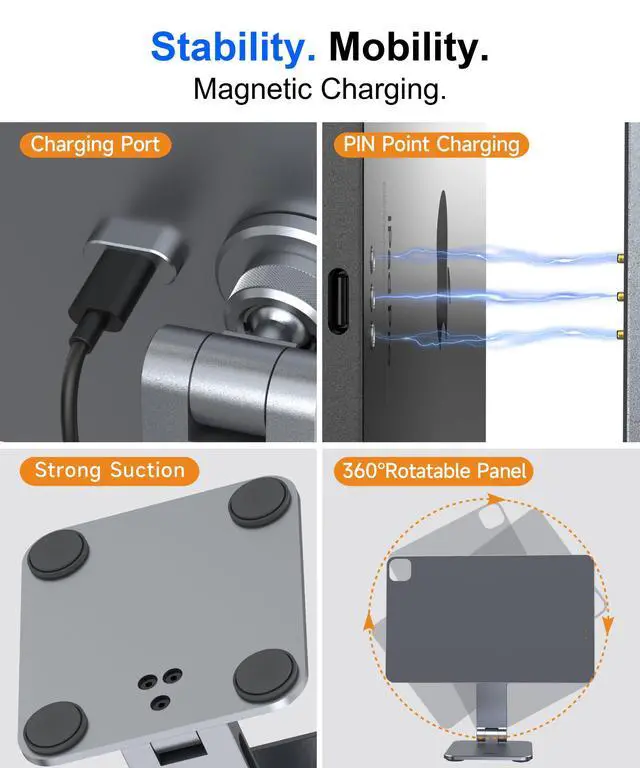 Alt view image 5 of 5 - YICOSUN Magnetic iPad Stand with Wireless Charging, 35W Contact Fast Charger, Suction Cup Base, 360° Rotating Panel & Foldable, Compatible with iPad Pro 13" M4 ONLY, Work & Study Desk - Gray